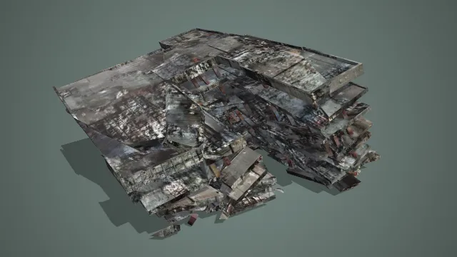 写实风格交错石木框架坍塌废墟 3D 模型 战争场景搭建素材