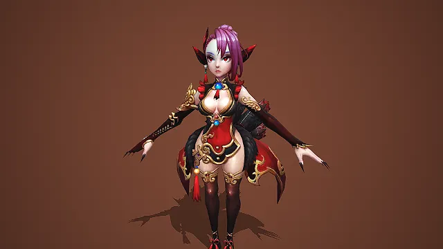 卡通 Q 版紫发红耳妖女带红金纹样利爪 3D 游戏角色模型