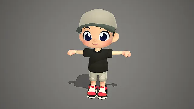 灰帽黑 T 萌系 Q 版男童：灰檐酷萌小子卡通模型