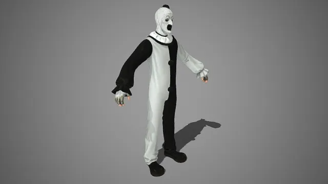 惊悚风格  小丑角色  分色戏服  惨白面具  夸张眼妆  诡异神态  悬疑惊悚场景  荒诞又骇人  