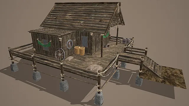 国风渔村风格临水小型功能木屋模型 