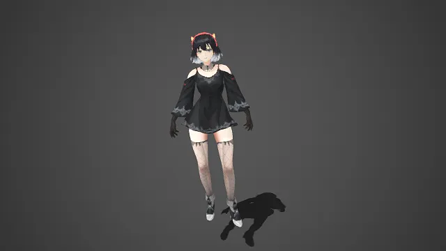 二次元风格  暗黑系  动漫角色  少女 3D 模型  恶魔角发饰  露肩连衣裙  哥特式花纹  网格长袜