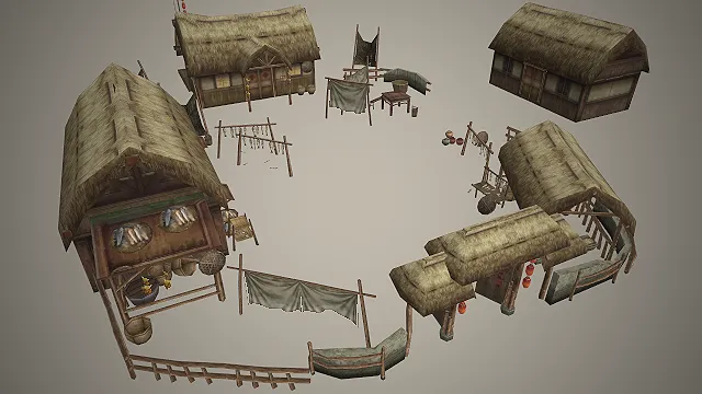 古风渔村  茅草屋民居  渔猎晾晒  水乡村落