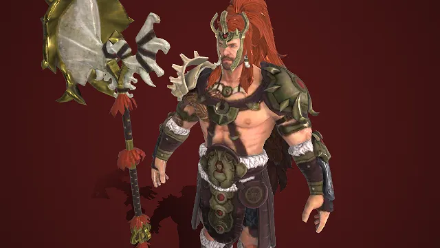 蛮荒野性风格  战士角色模型  赤发红须  兽纹头盔  健硕身形  金属扣饰  野性战士  粗犷