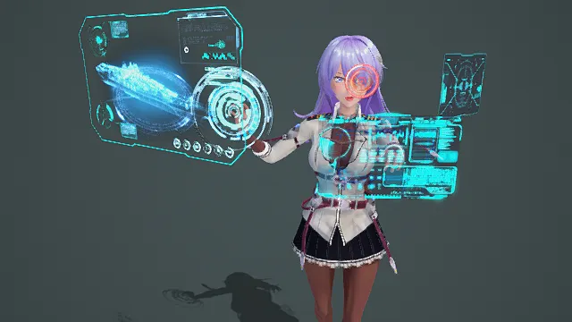 二次元风格3D科幻少女角色模型，创意设计（二次元科幻少女、淡紫色长发、白黑配色服饰、短裙、腰间小包、操作全息界面）
