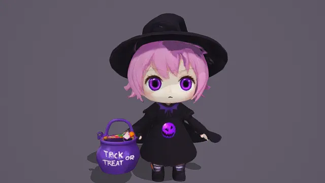 3D卡通风格黑粉紫系万圣节女巫角色模型，创意设计（3D角色、卡通风格、万圣节奇幻风，角色设计主题）