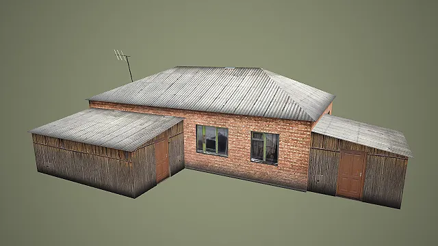 红砖主体配木质附属棚屋带天线平房建筑 3D 场景模型