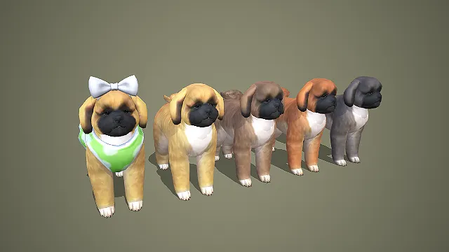 卡通风格多色松狮幼犬 3D 模型 带服饰装饰的宠物角色素材