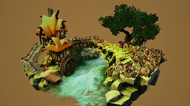 奇幻风格场景3D模型，创意设计（奇幻场景、卡通风格、小屋、水车、石桥、河流、大树、植被、棕色背景 ）