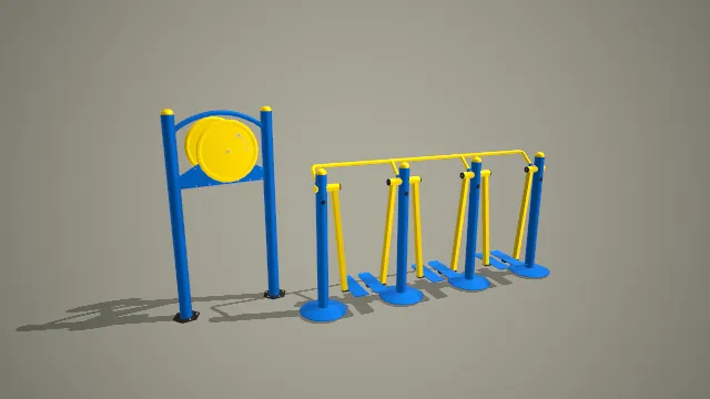 蓝黄配色推揉器与三人漫步机户外健身器材组合 3D 模型