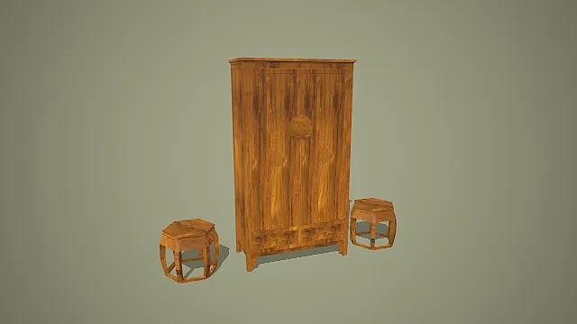 木色中式立柜与六角鼓凳组合古典家具 3D 模型