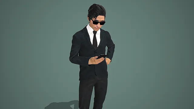 戴墨镜穿西装持手机查看的商务男性写实站立模型