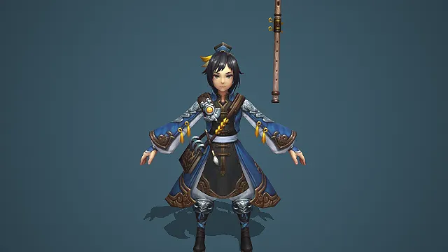 卡通 Q 版蓝金国风书生带玉笛毛笔 3D 游戏角色模型