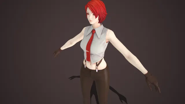 女性格斗游戏角色  红短发  白衬衫  露腰设计  皮质吊带  职场装束  都市职场