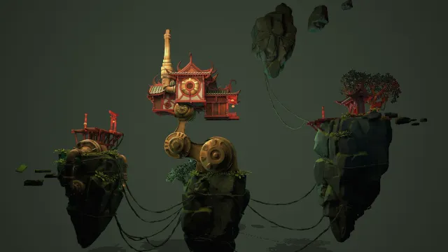 移动房屋建筑漂浮石头岛屿场景