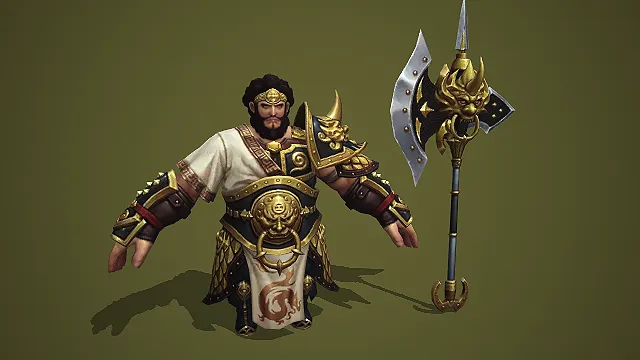 卡通 Q 版国风龙纹白甲壮汉武将带兽首巨斧 3D 角色模型