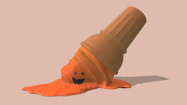 橙色冰淇淋甜筒掉在地上有化开的液体