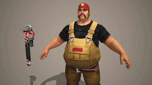 卡通风格壮硕修理工男性角色 3D 模型 带管钳武器