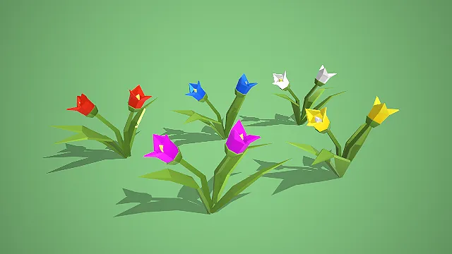 低多边形多色郁金香植物模型套装写实模型