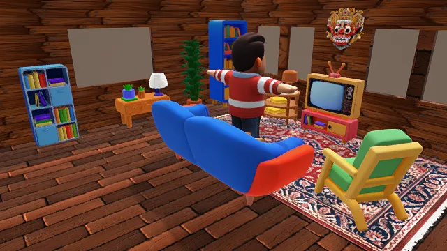 3D卡通风格客厅场景模型，创意设计（3D场景、卡通风格、深棕背景，温馨卡通风，场景设计）