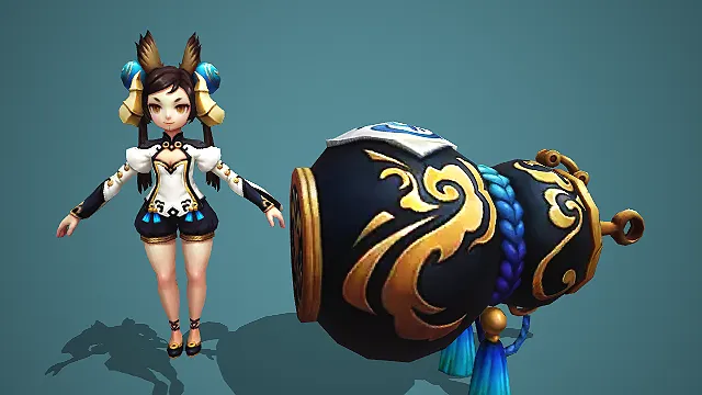 卡通 Q 版狐耳国风少女带黑金祥云宝葫芦 3D 游戏角色模型