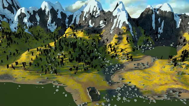  写实风格3D山地场景模型，创意设计（写实山地场景、雪山、绿色植被、黄色土地、蓝色天空、独特地形 ）
