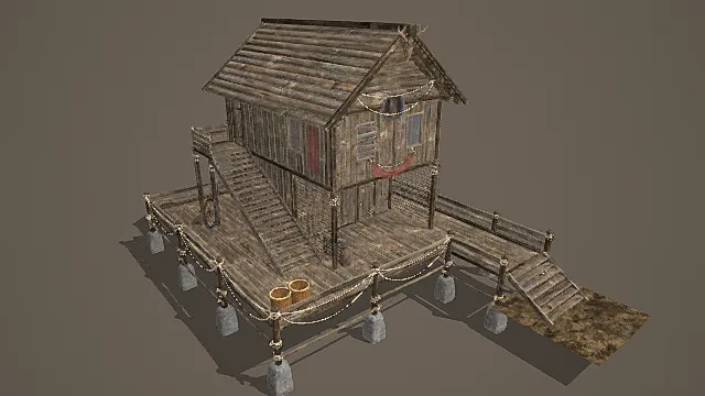 国风渔村风格临水双层景观木屋模型