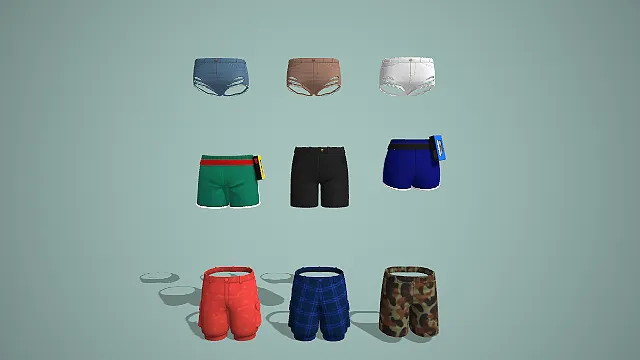 多色标签短裤与格纹迷彩工装短裤九件套 3D 模型