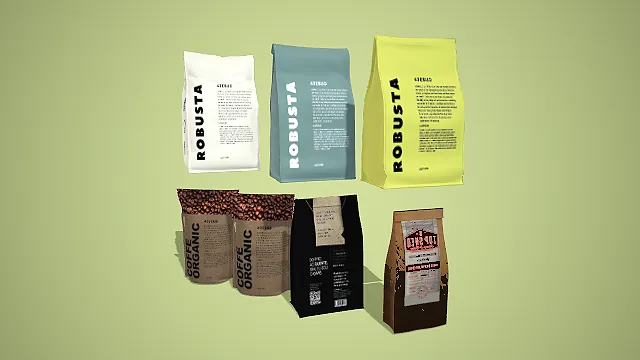 卡通风格多色罗布斯塔与有机咖啡豆袋组合 3D 低多边形咖啡场景装饰模型