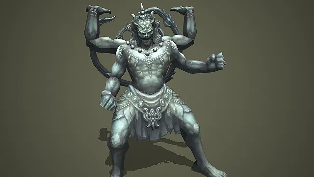 中式神话四臂怒目魔神石雕游戏场景模型