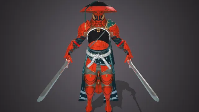 日式武士风格 斗笠头盔 双武士刀 红色铠甲