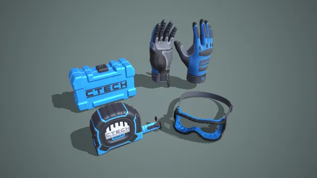 蓝黑配色工具箱、卷尺、防护手套与护目镜组合工具 3D 模型