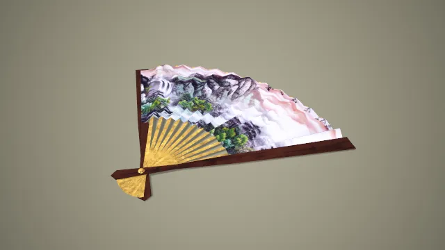 写实风格青绿山水国画折扇 3D 中式古风装饰道具模型