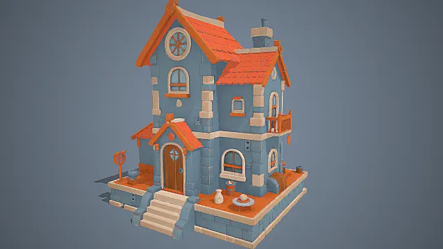 卡通积木风格石砌小屋模型