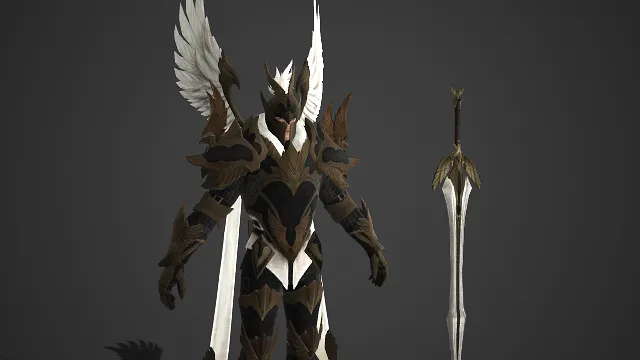 羽翼圣甲战士  双刃长剑  黑金战甲  神圣战翼  圣职者  3D 角色模型  神圣威严  铠甲元素