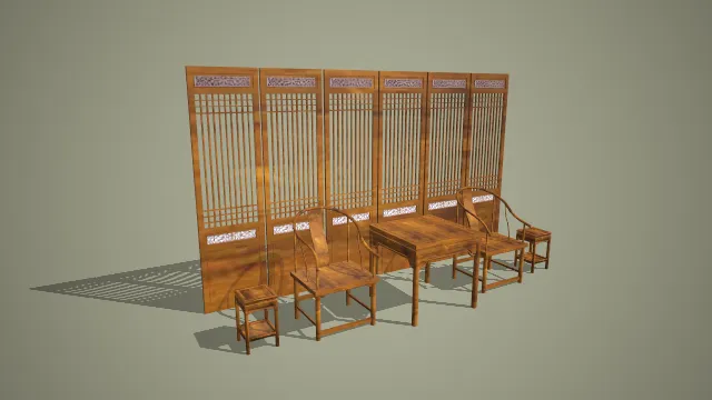 木色中式圈椅方桌与六联格栅屏风古典家具组合 3D 模型