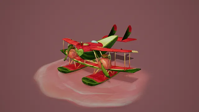 卡通风格3DWarMelon飞机模型，创意设计（卡通WarMelon飞机、3D模型、红色与绿色主体、趣味造型 ）