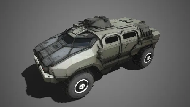 硬核科幻风格  装甲车  棱角分明  武器炮塔  越野轮胎  军事化  