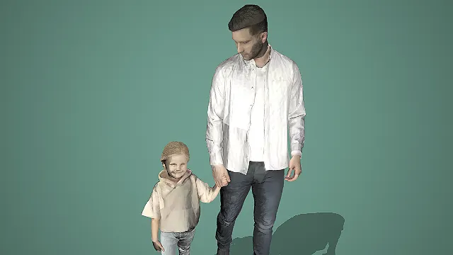 亲子组合休闲装扮牵手行走姿态 3D 角色模型