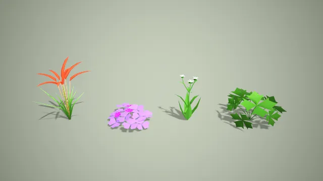 卡通低模多品类花草植物 3D 模型套装 游戏场景自然装饰素材