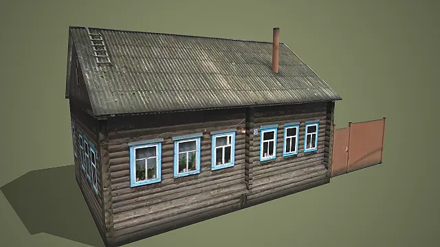 深木楞配蓝饰窗及屋顶梯、红门的复古乡村木屋建筑 3D 场景模型