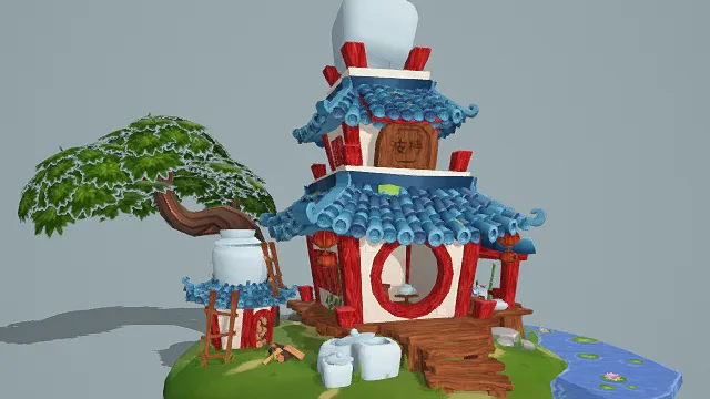 3D卡通风格日式庭院场景模型，创意设计（3D场景、卡通风格、清新日式风，场景设计主题）