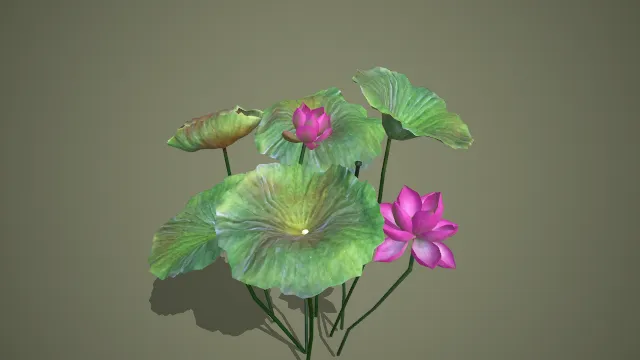 写实风格大小粉莲荷叶组合 3D 中式水景装饰道具模型