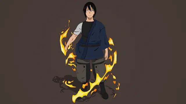 3D卡通风格蓝灰黑黄系火焰少年角色模型，创意设计（3D角色、卡通风格、卡通奇幻风，角色设计主题）