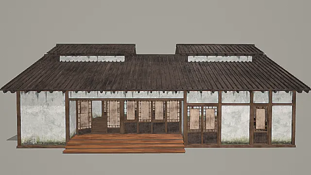 复古做旧中式单层建筑（带庭院平台）