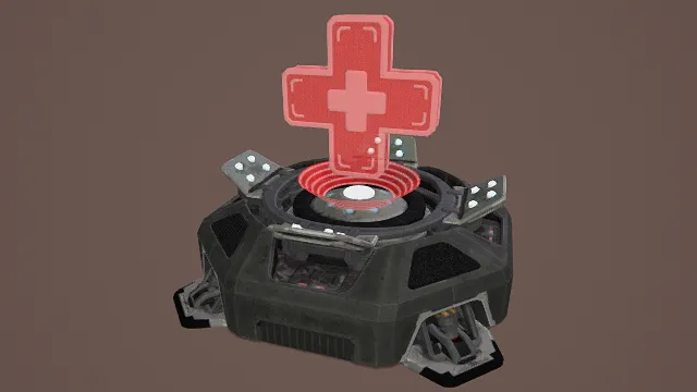 3D卡通风格黑红系科幻医疗装置模型，创意设计（3D医疗装置、卡通风格、科幻未来风，游戏道具设计主题）