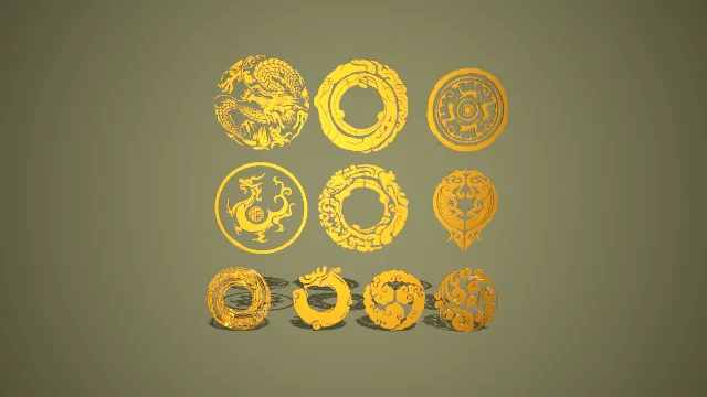 中式圆形龙纹云纹组合 3D 低多边形国风装饰场景模型