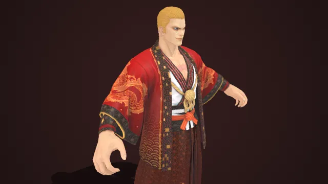 红袍金纹：龙饰武士的华贵格斗者  武士风格  华贵气场  金发利落  龙纹菱纹  传统武士装  武侠题材