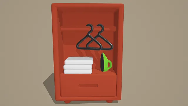 3D卡通风格Q版红色衣柜场景模型，创意设计（3D家具场景、卡通风格、家居主题，卡通元素）