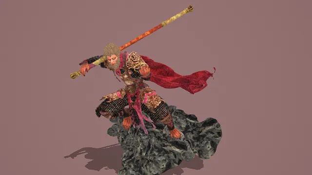 3D卡通风格金红黑系国风猴王角色模型，创意设计（3D角色、卡通风格、国风奇幻风，角色设计主题）